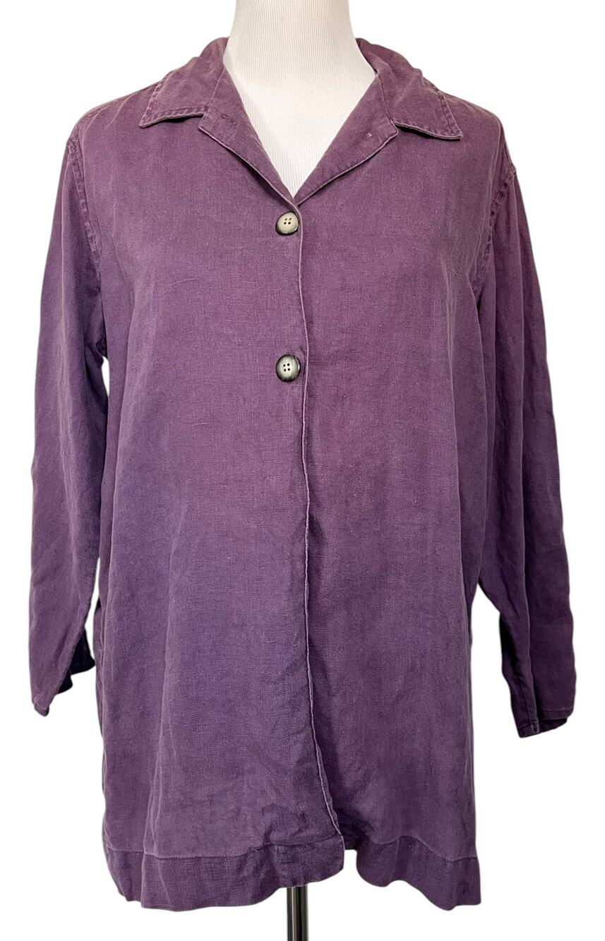 J. JILL 100% Linen Tunic Top Button Front Long Sleeve Purple Women's Sz 4 Petite